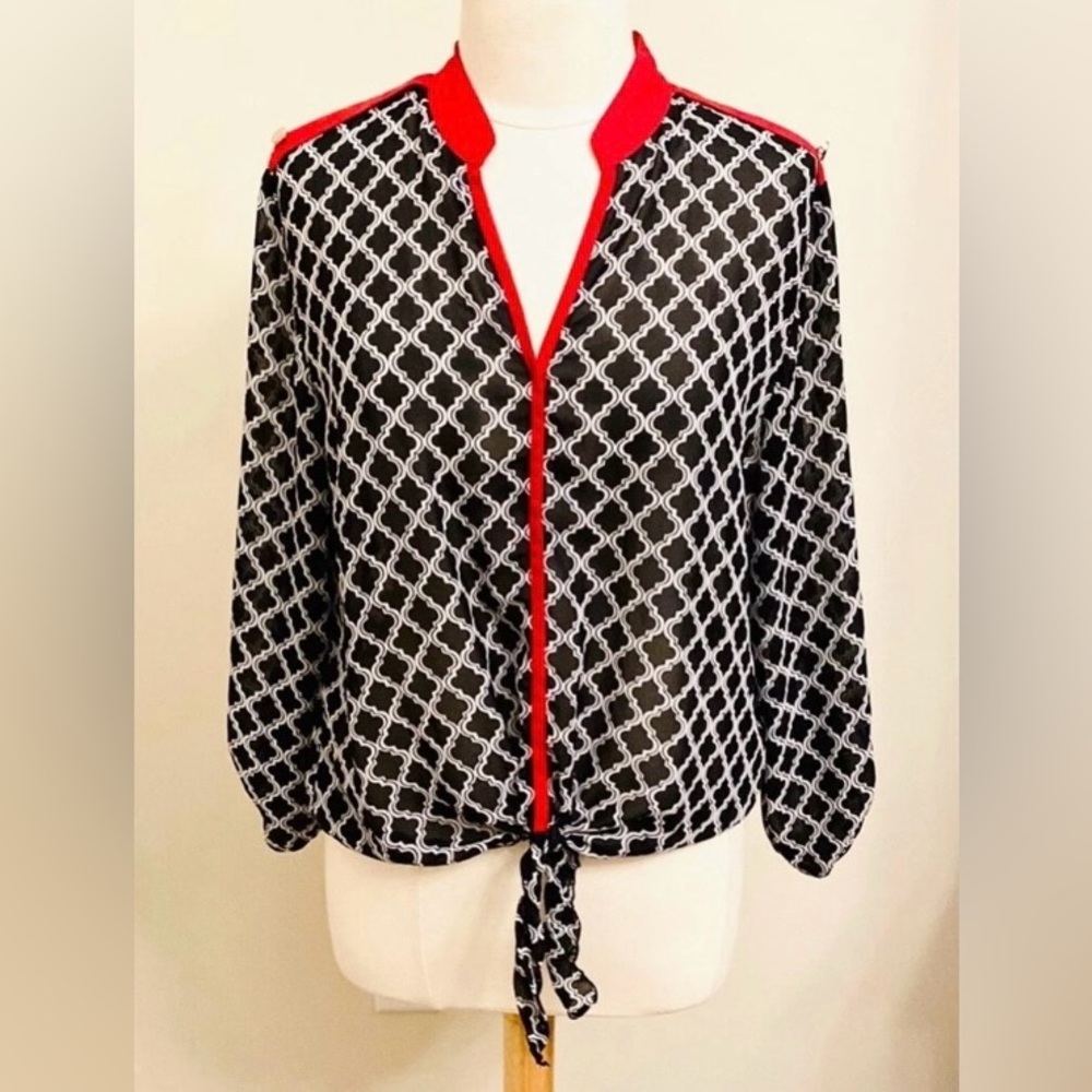 Zac & Rachel Black White Geometric XL Modern Chic Elegant Career Semi Sheer Top